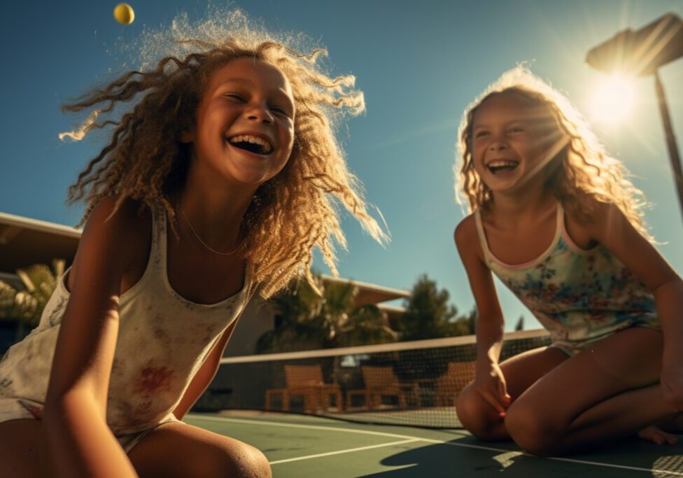 Cute teens playing outdoors tennis or pickleball